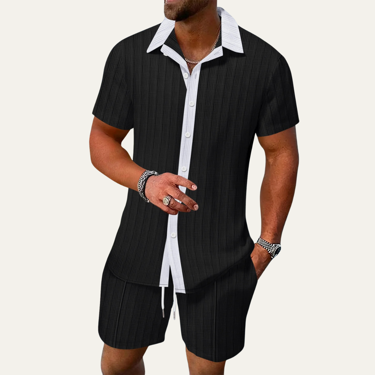 Axel | Men's Casual Textured Short Sleeve Shirt Shorts Set Pink