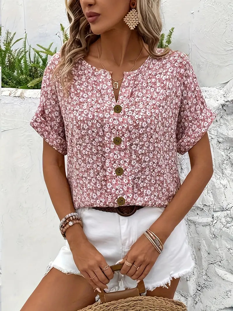 Wren | Women's Floral Button Up Blouse Short Sleeve Pink