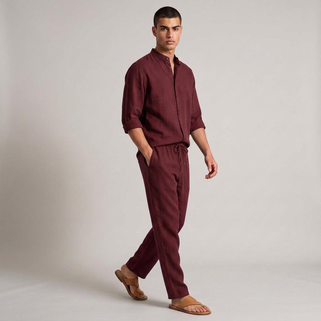 Dama Washington Rhys linen lounge set Burgundy - full outfit model view