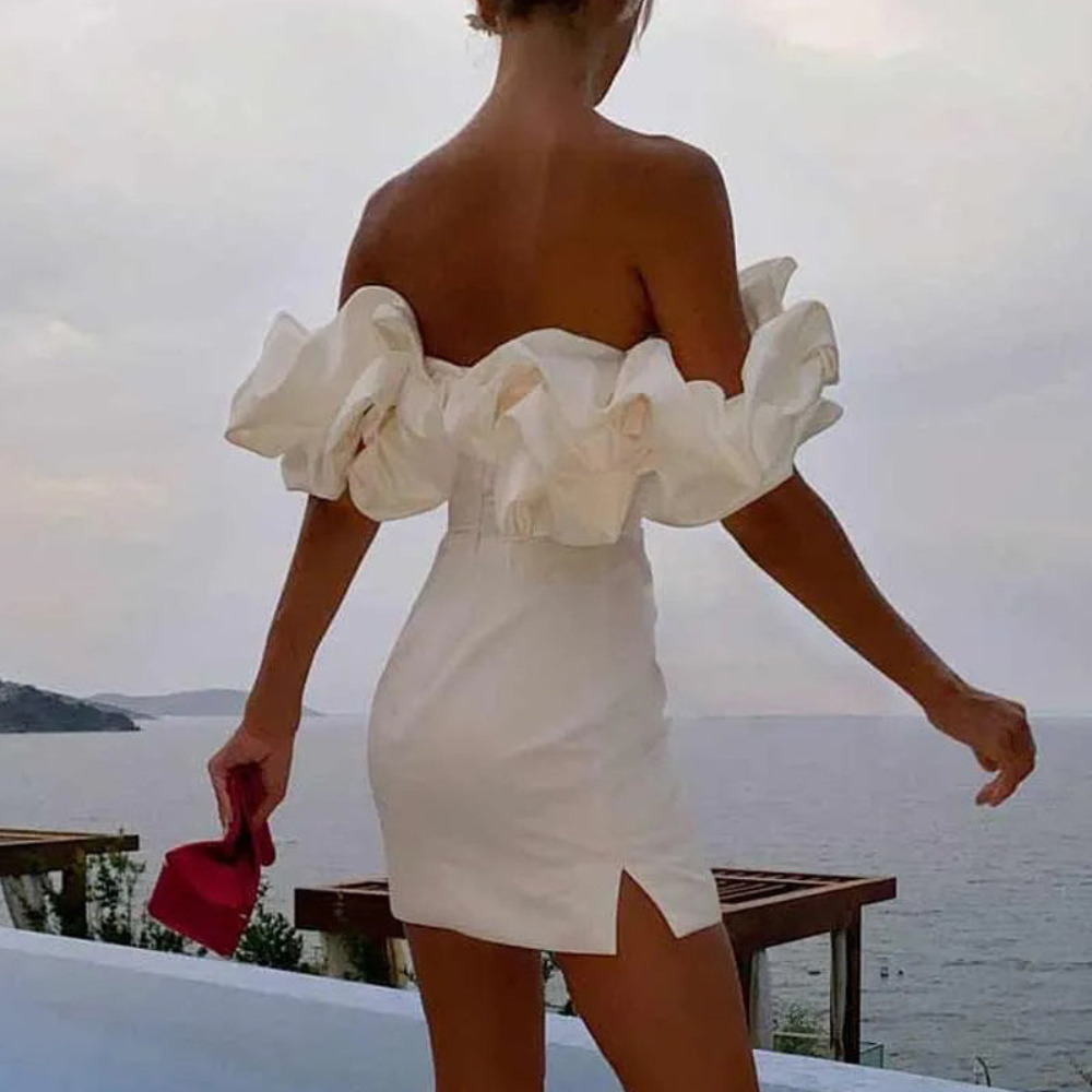 Demi | Women's Off Shoulder Ruffle White Mini Dress