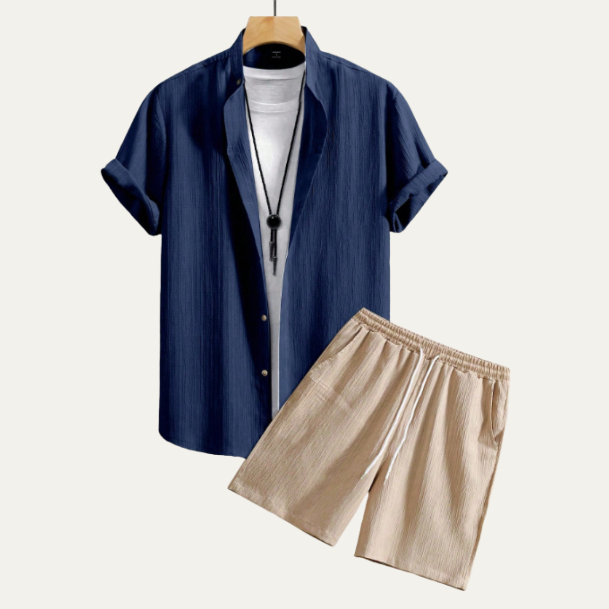 Sage | Men's Linen Shirt And Shorts Set Navy Beige