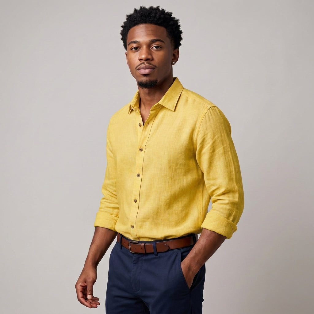 Dama Washington Sage long sleeve linen shirt Yellow - model front view