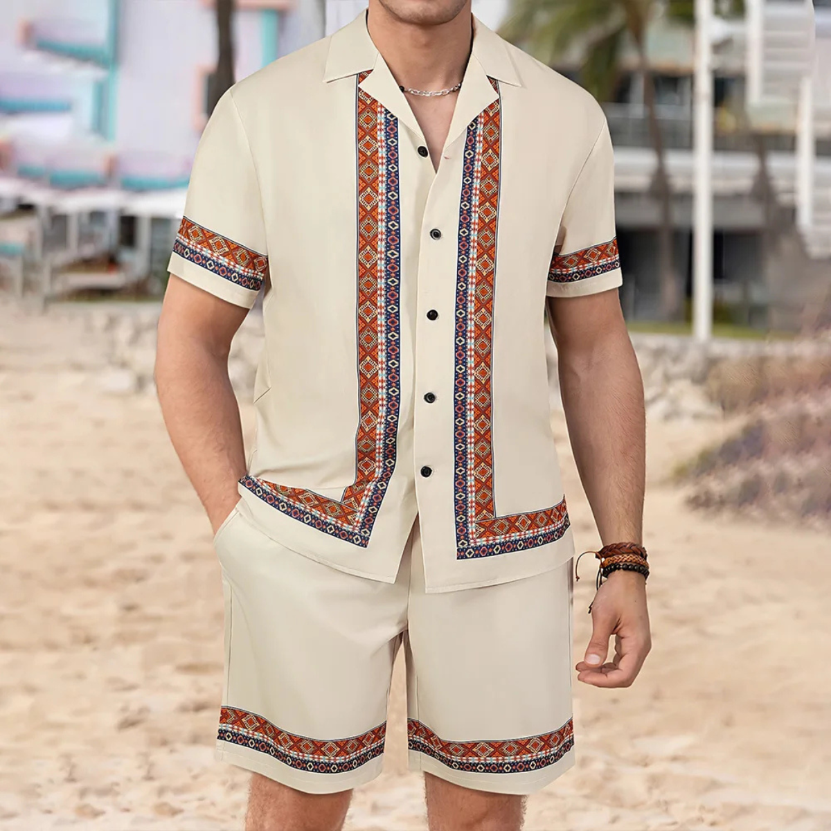 Beau | Men's Geometric Print Sweatsuit Black Shorts Set