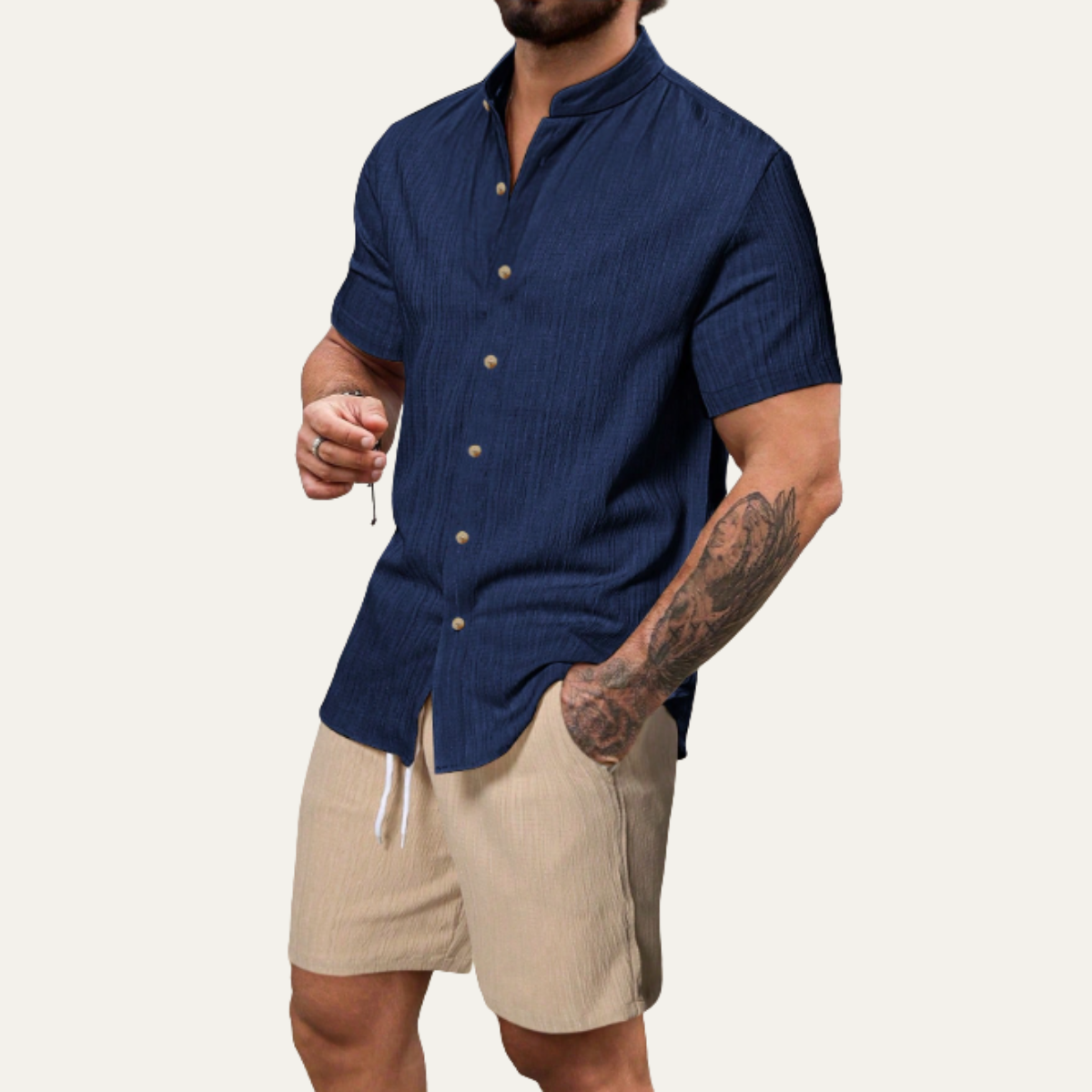 Sage | Men's Linen Shirt And Shorts Set Navy Beige