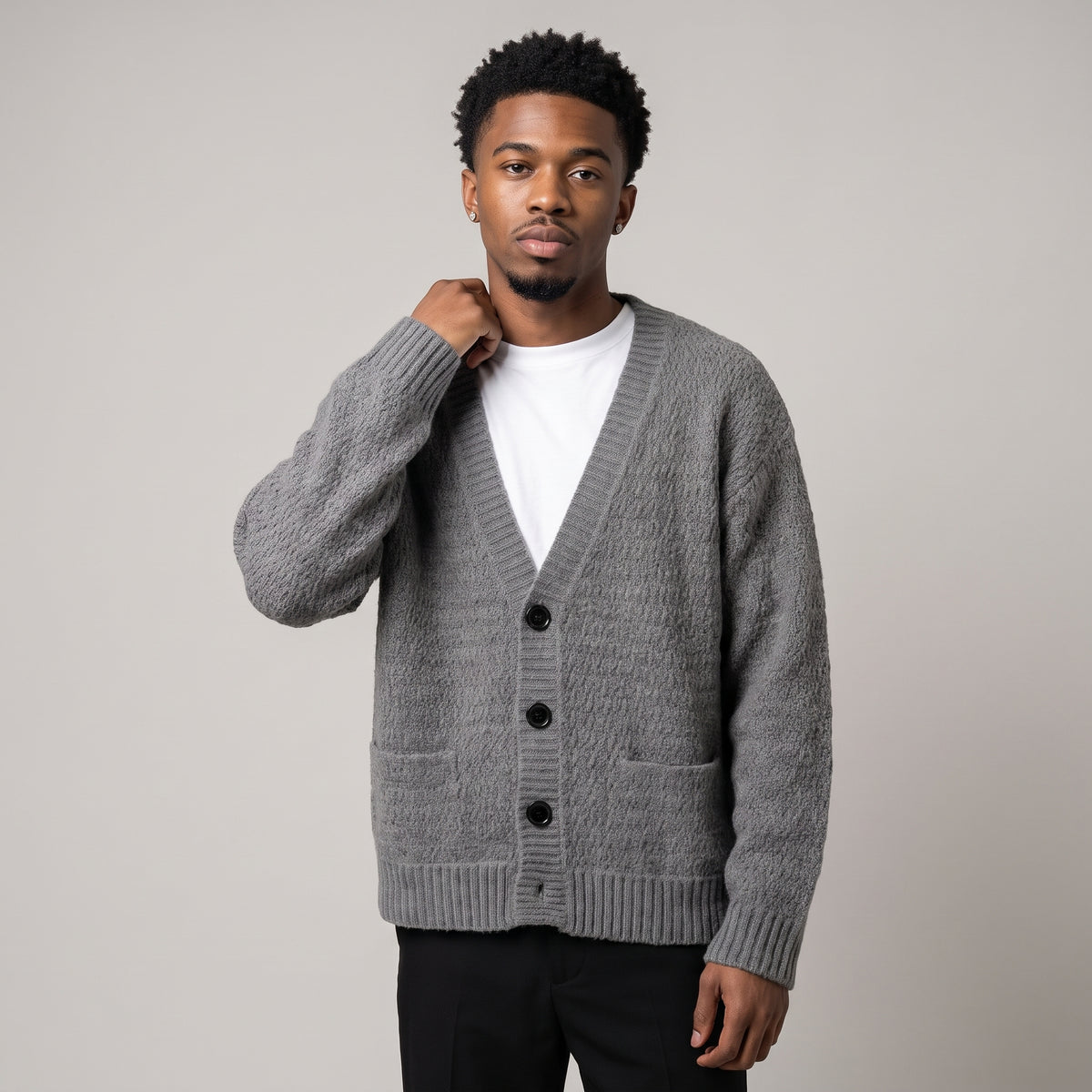 Dama Washington Beau men's oversized cable knit cardigan gray v neck - model front view