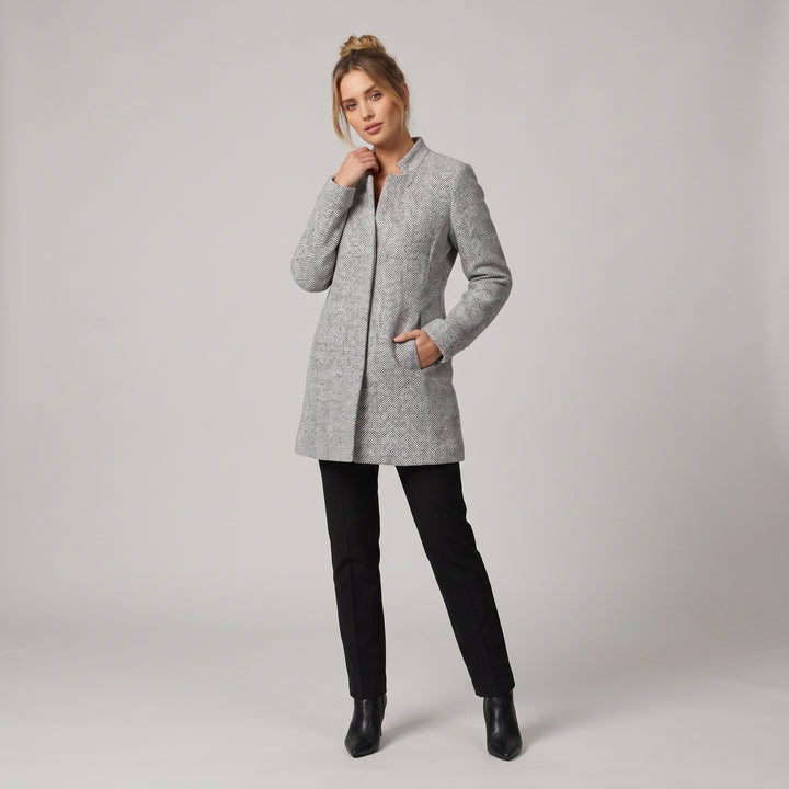 Dama Washington Idalia women's collarless long coat - model front view