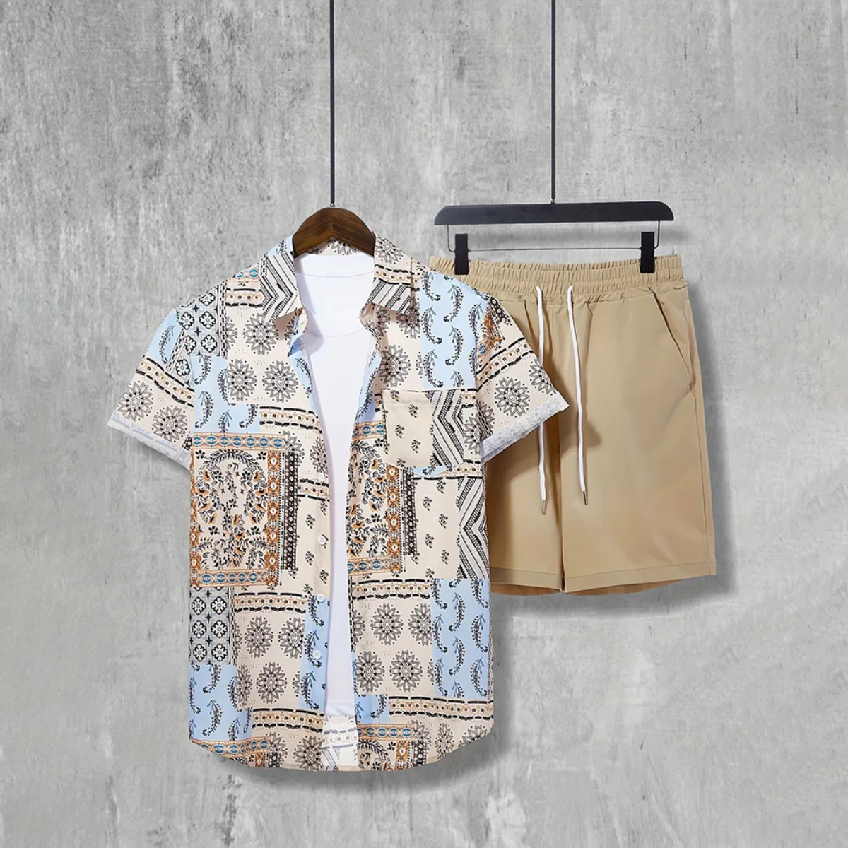 Beau | Men's Geometric Print Sweatsuit Black Shorts Set