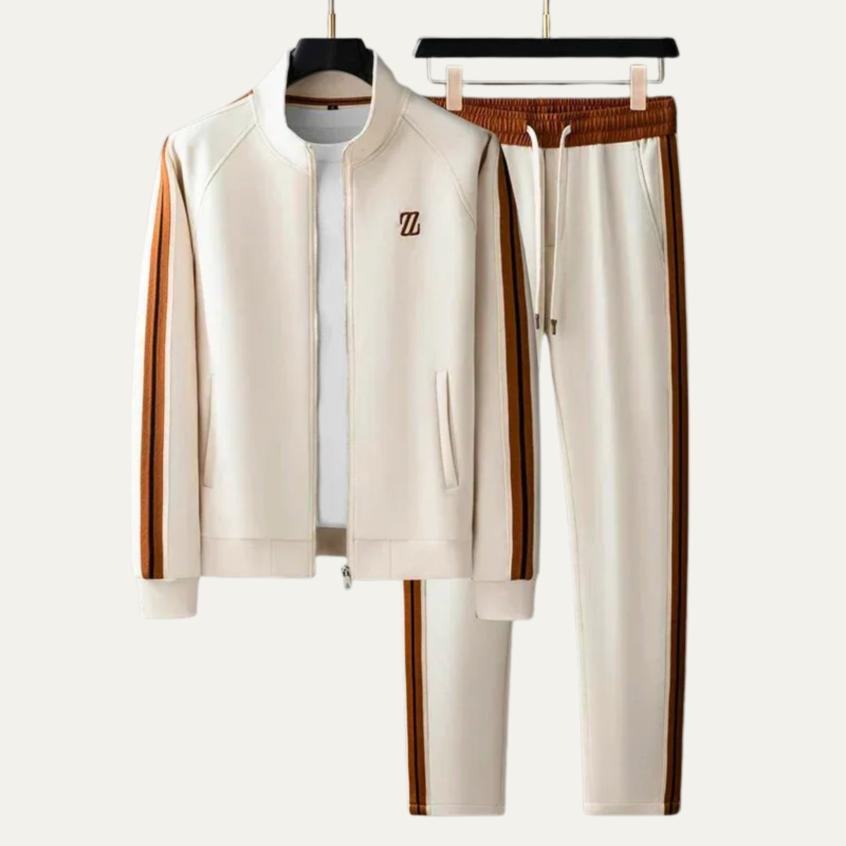 Axel | Men's Sweatsuit Cream Brown Stripe Track Jacket Joggers Set