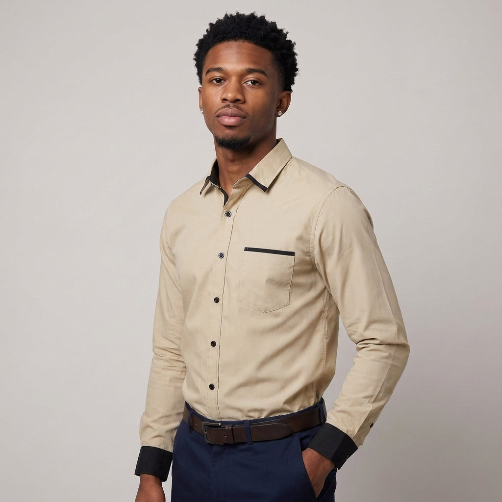 Dama Washington Rhys smart casual button up shirt Khaki - model front view