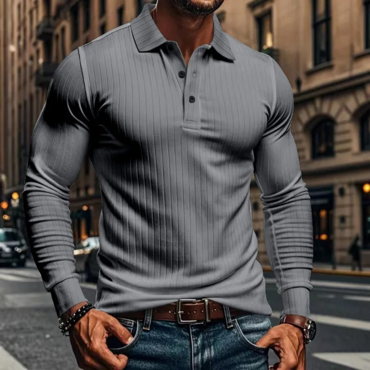 Soren | Men's Ribbed Polo Shirt Black Long Sleeve