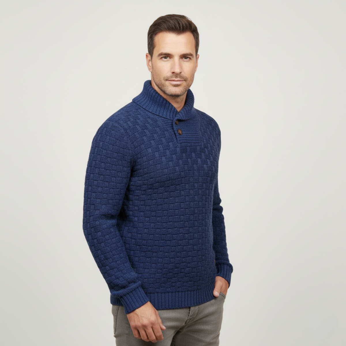 Beau | Men's Chunky Knit Sweater Navy Shawl Collar Button