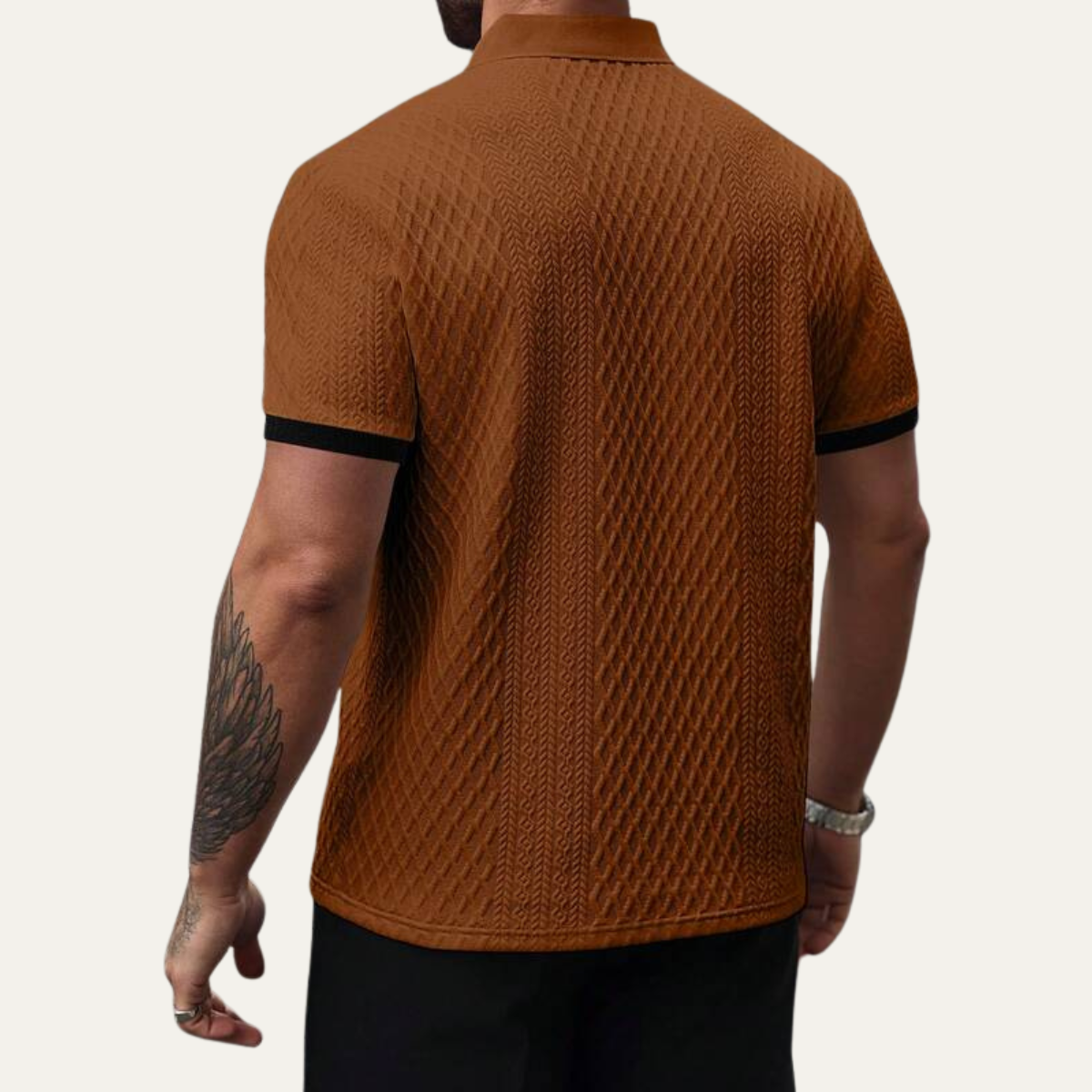 Beau | Men's Textured Polo Shirt Brown Contrast Trim