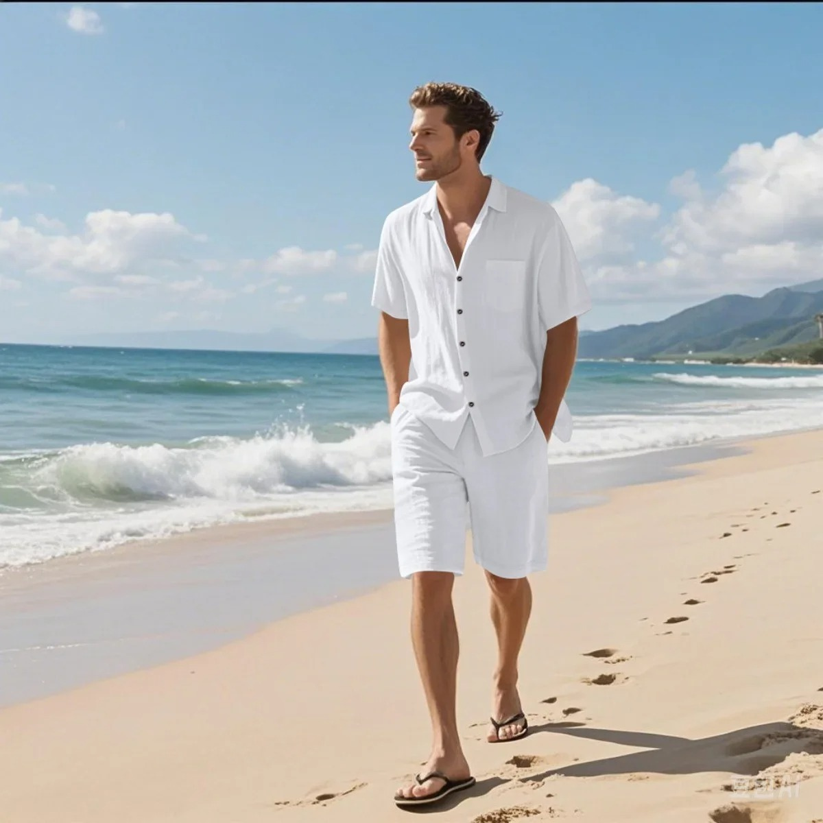 Beau | Men's Casual Linen Shirt Shorts Set Gray
