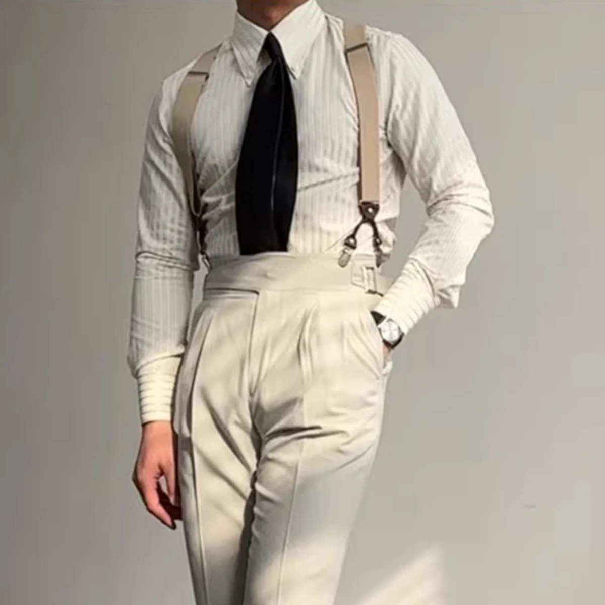 Jasper | Men's Cream Pinstripe Button Up Dress Shirt Long Sleeve