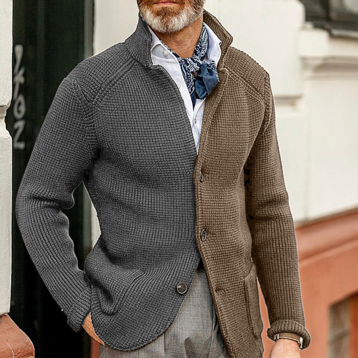 Beau | Men's Cardigan Beige And Black Waffle Knit Button Up