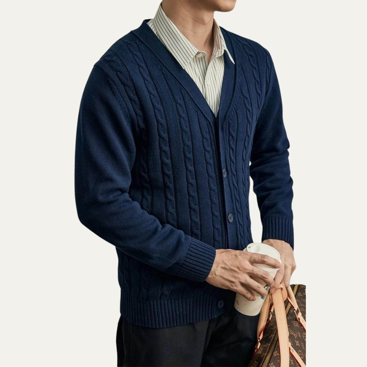 Axel | Men's Cable Knit Cardigan Cream V Neck Button Up