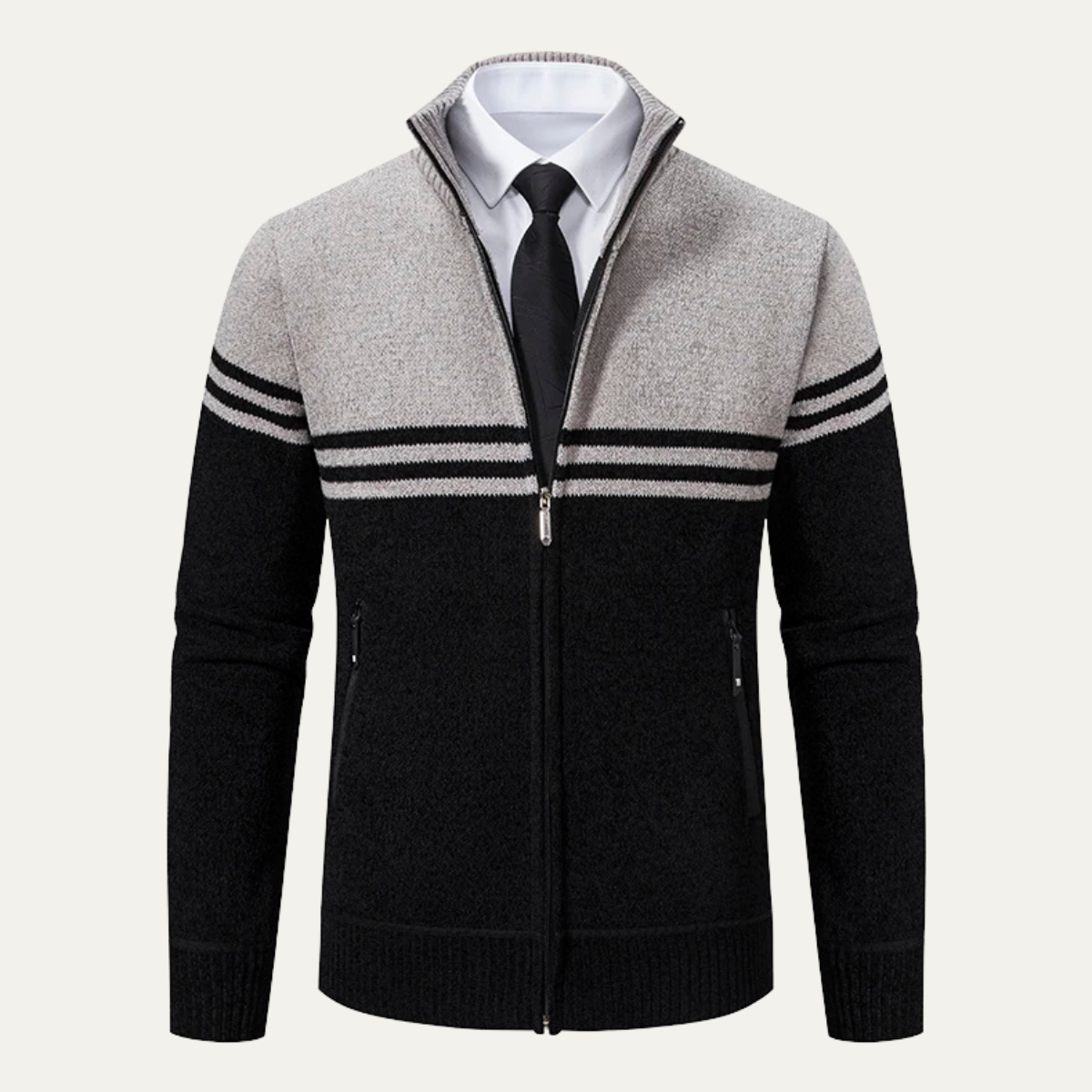 Voss | Men's Striped Zip Up Cardigan Gray Navy