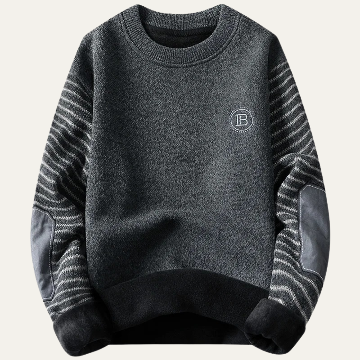 Bram | Men's Crew Neck Sweater Gray Striped Elbow Patch