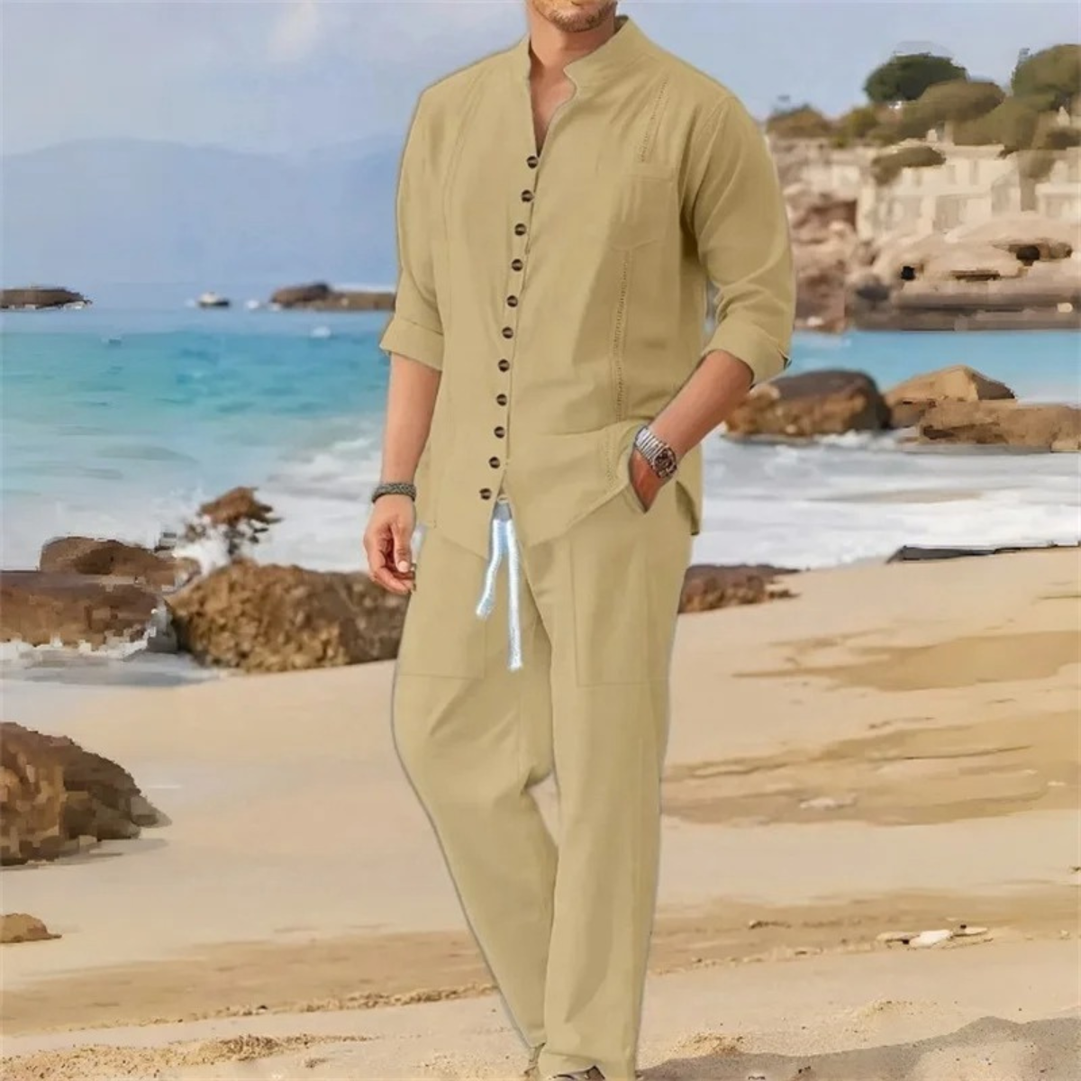 Axel | Men's Linen Sweatsuit Pink Button Up