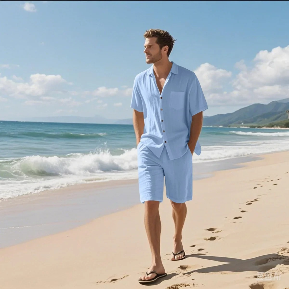 Blake | Men's Linen Shirt Shorts Set Sage Green Casual
