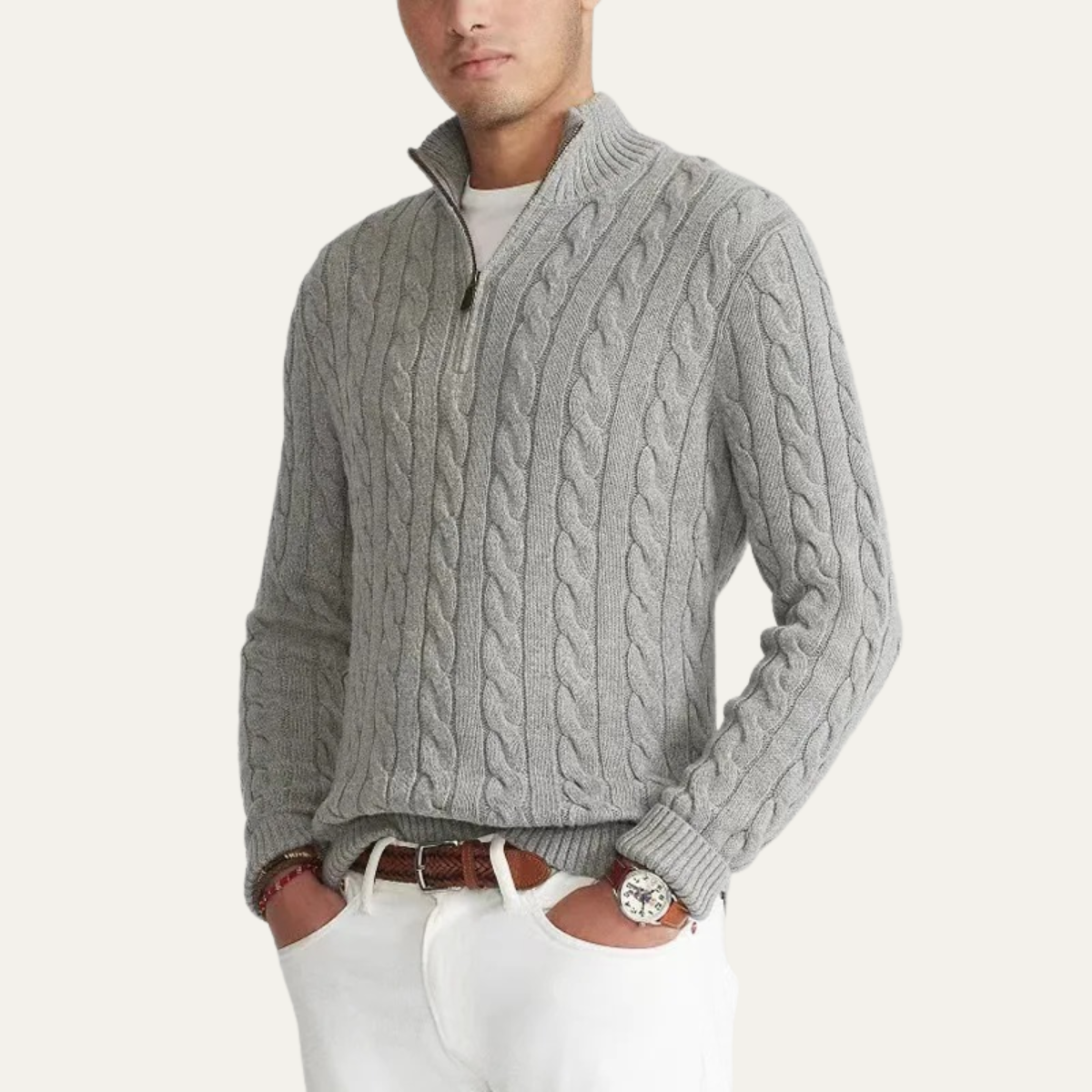 Rowan | Men's Cable Knit Quarter Zip Sweater Cream Mock Neck