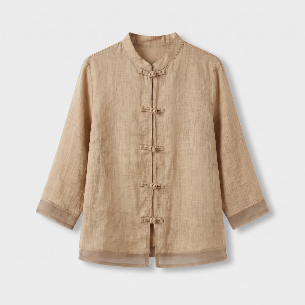 Camille | Women's Linen Shirt Green Mandarin Collar Button Up