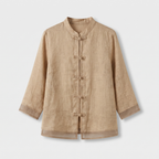 Camille | Women's Linen Shirt Green Mandarin Collar Button Up