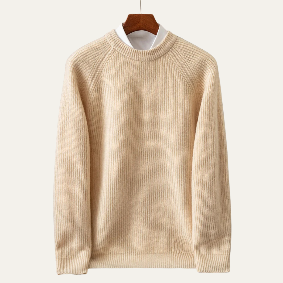 Sage | Men's Crew Neck Sweater Cream Ribbed Knit