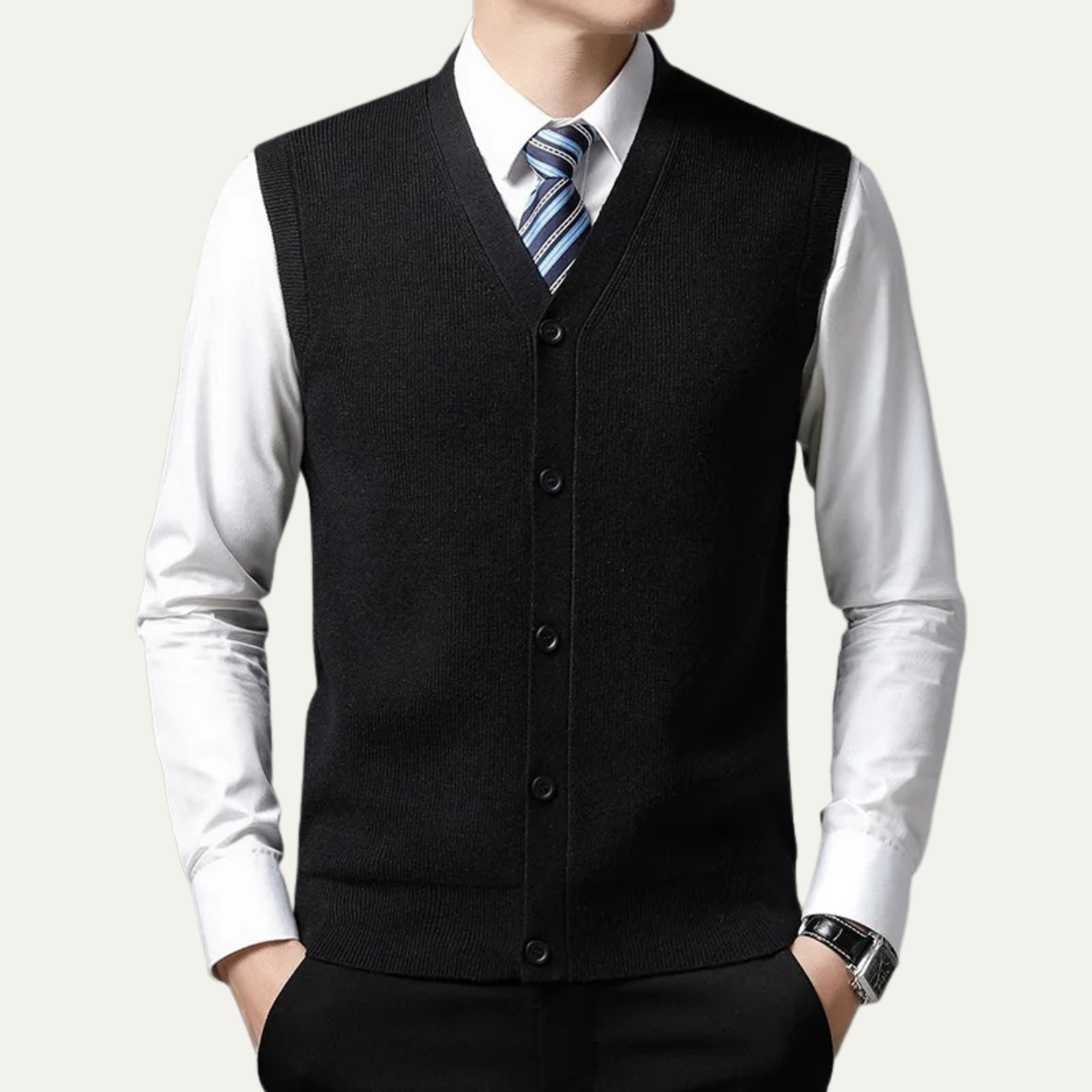 Beau | Men's Sweater Vest Blue Button Up V Neck