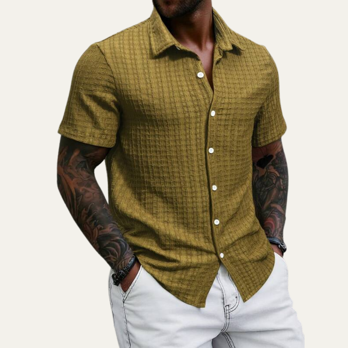 Axel | Men's White Button Up Shirt Textured Cable Knit Short Sleeve