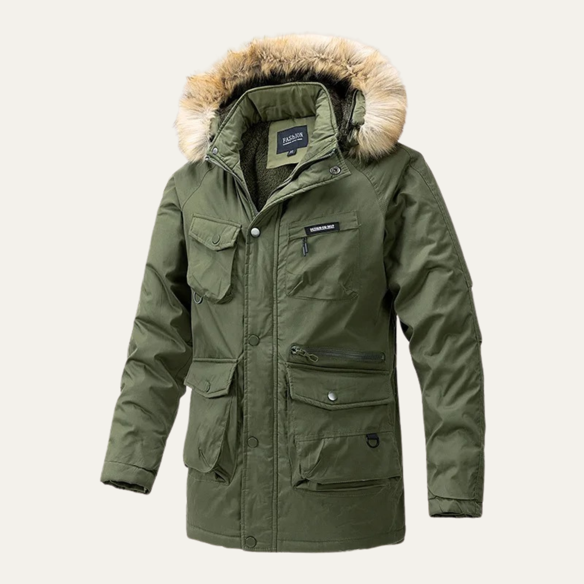 Rowan | Men's Puffer Coat Tan Faux Fur Hood Multiple Pocket