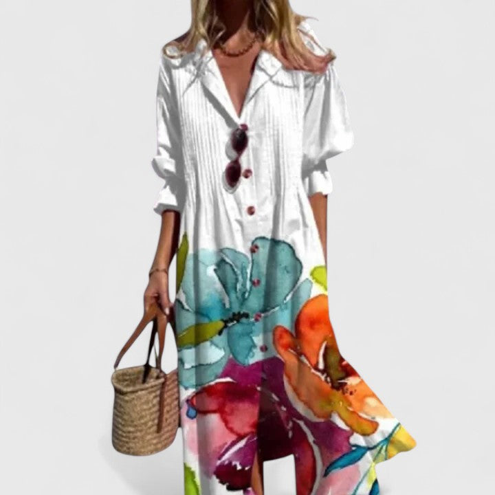 Camille | Women's Floral Midi Dress Long Sleeve White