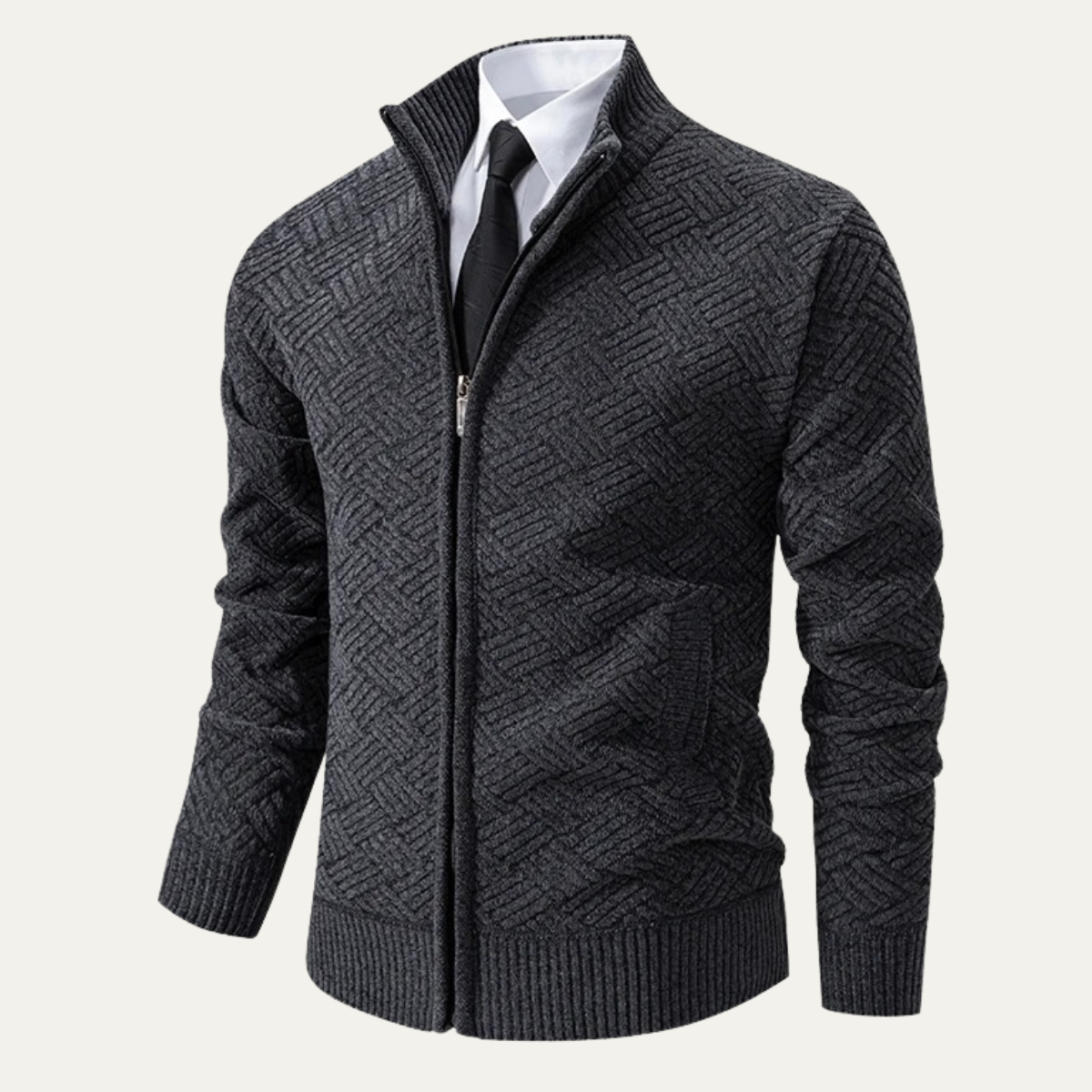 Sage | Men's Diamond Pattern Cardigan Black Zip Up