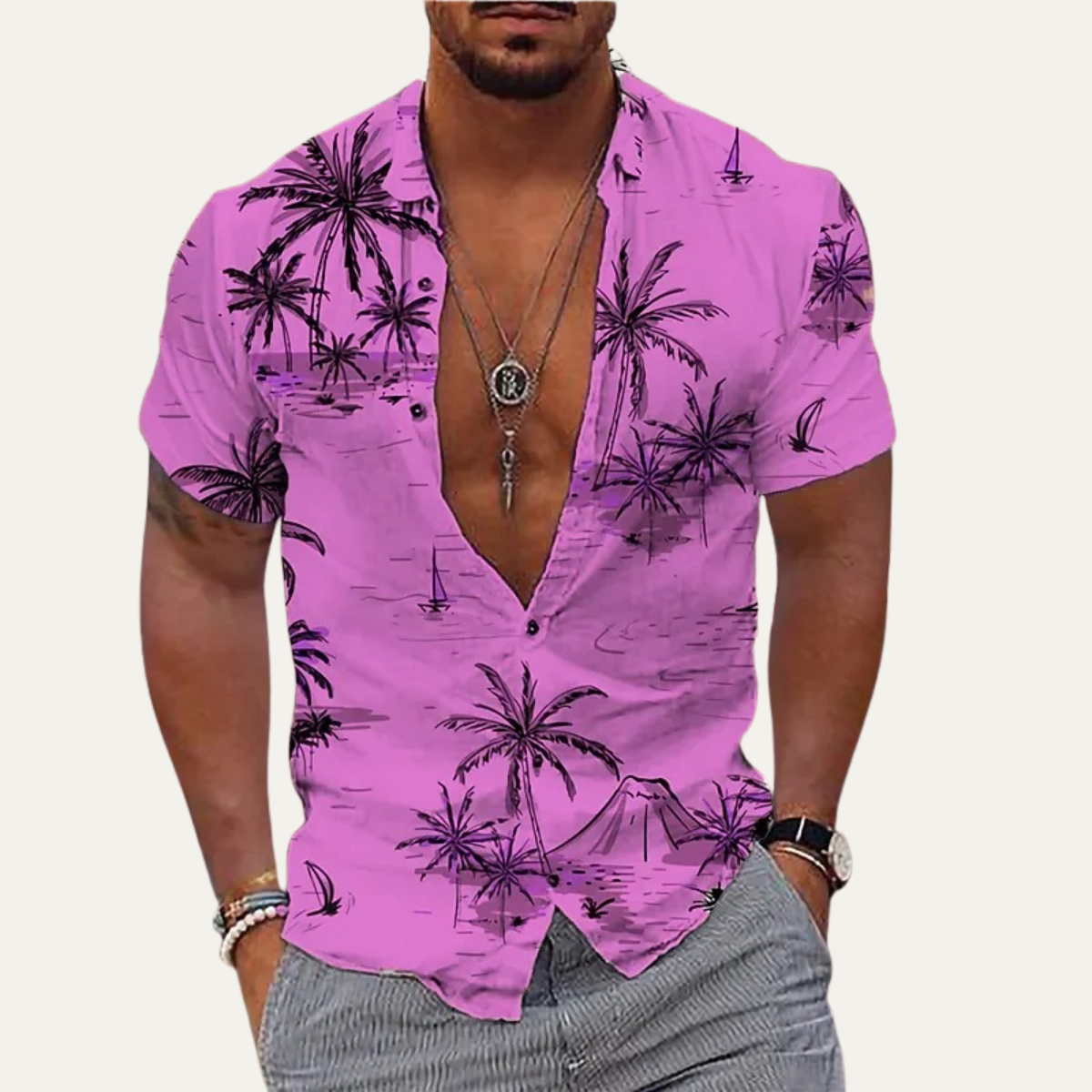 Kai | Men's Hawaiian Shirt White Palm Print Short Sleeve