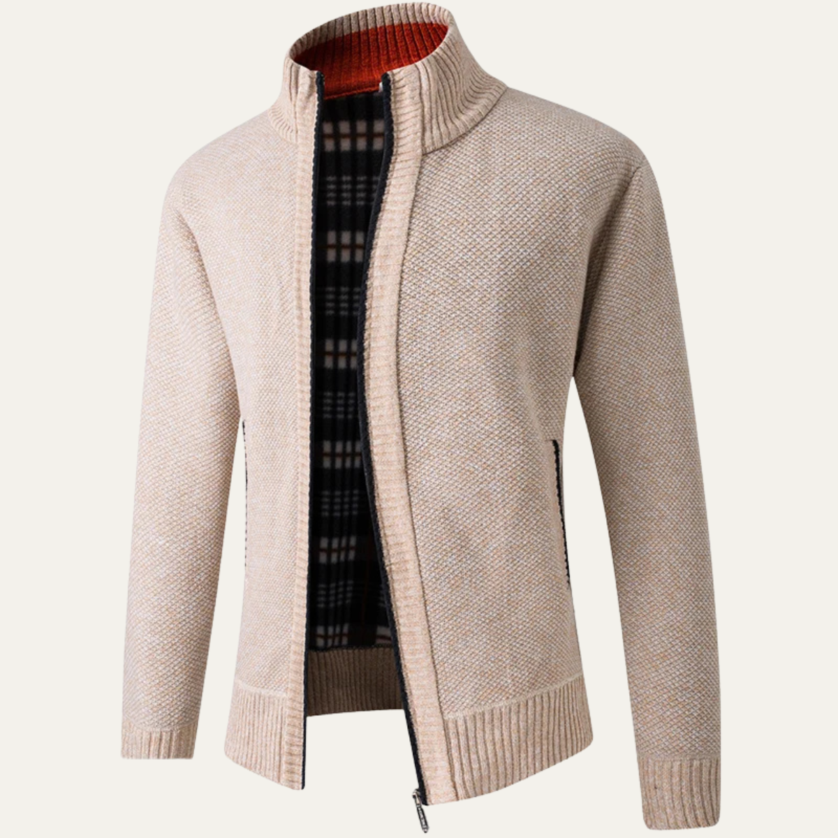 Beau | Men's Zip Up Cardigan Cream Knit Stand Collar