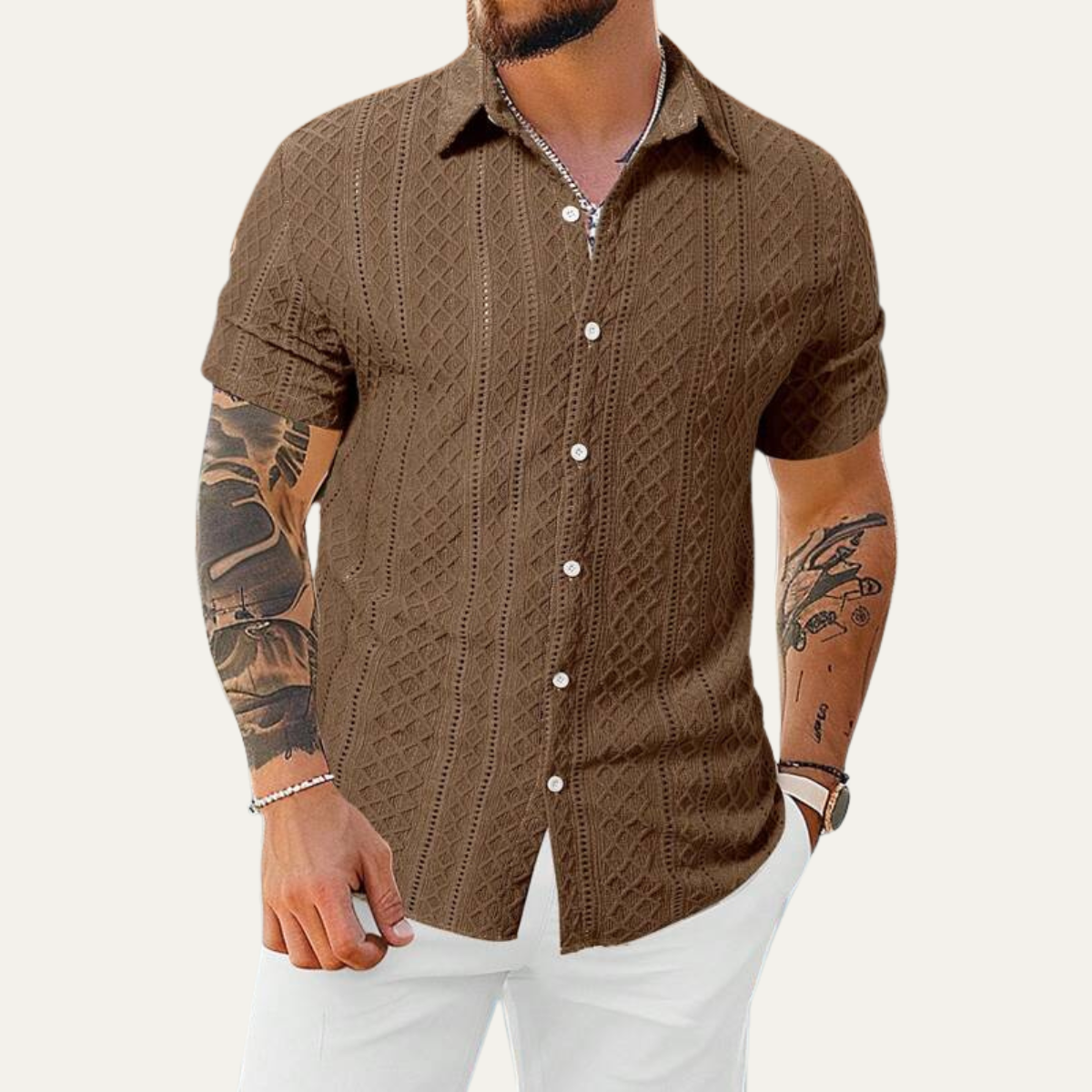 Kai | Men's Textured Button Up Shirt Pink Short Sleeve