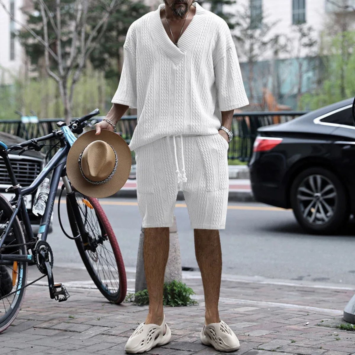 Callum | Men's Sweatsuit Cream Cable Knit V Neck Shorts Set