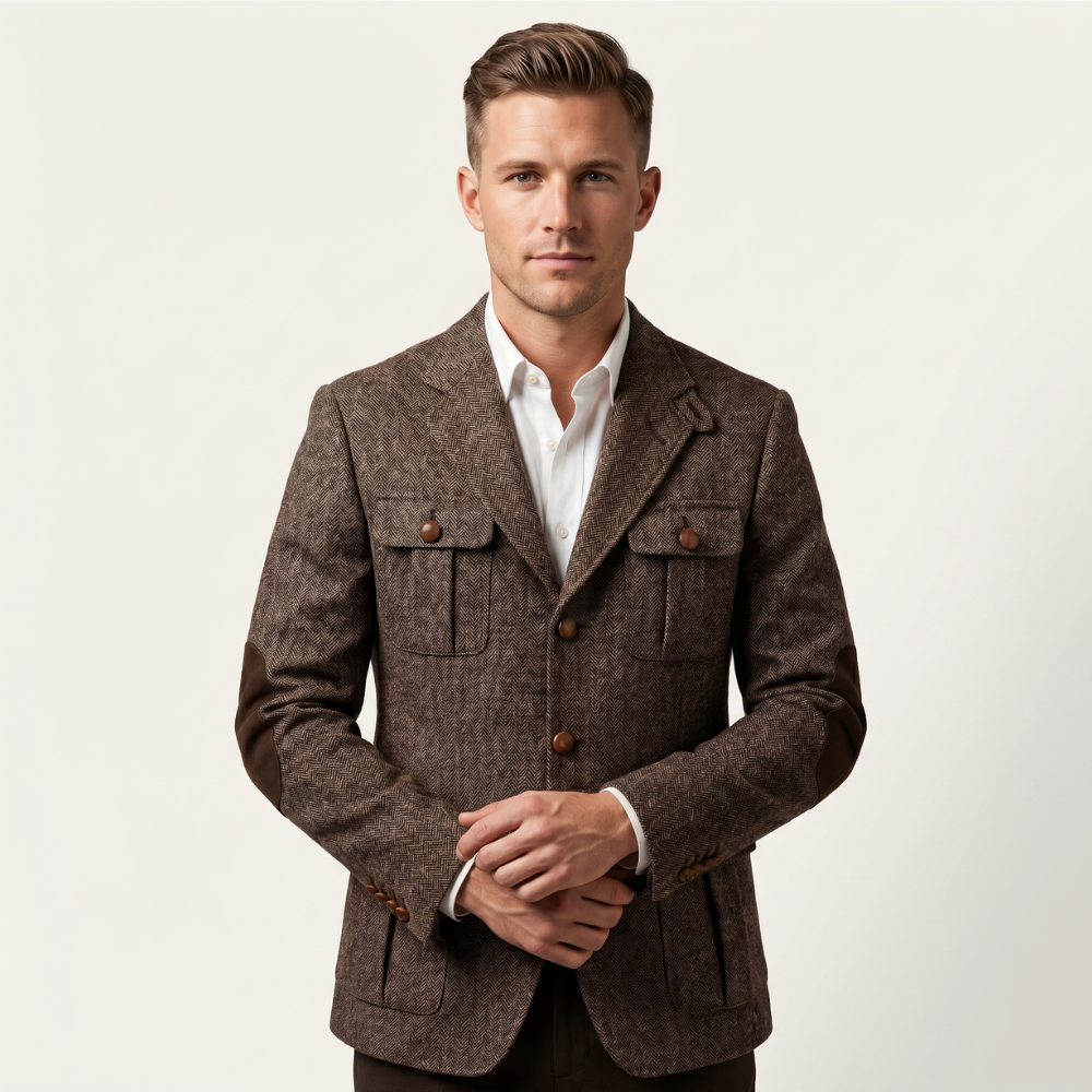 Sage | Men's Herringbone Tweed Blazer with Elbow Patches