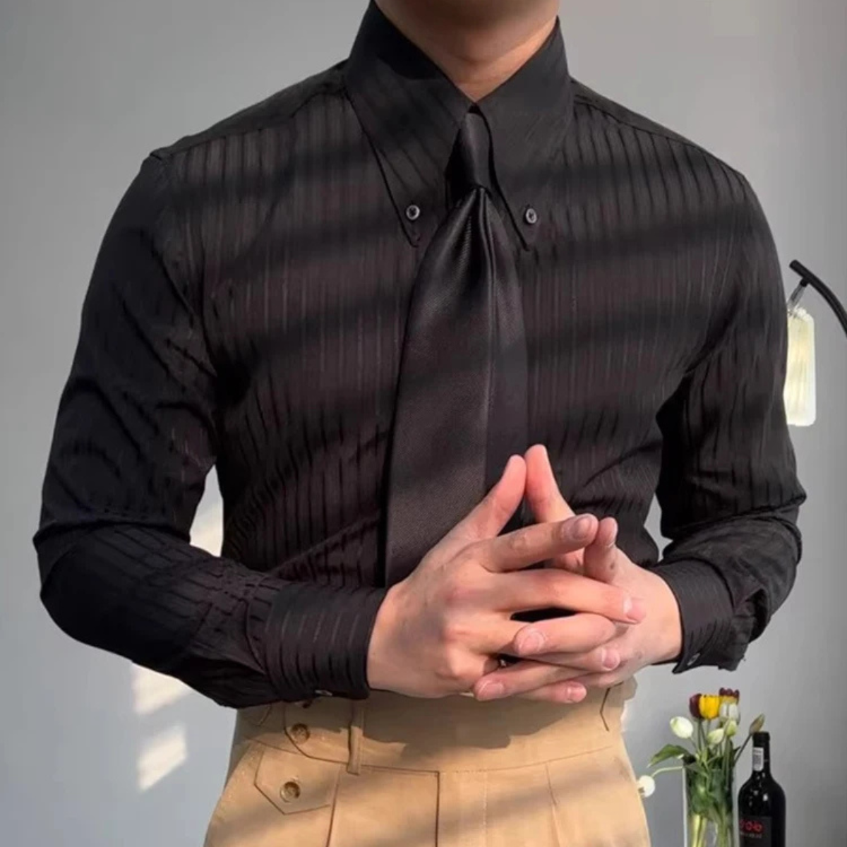 Rhys | Men's Pinstripe Dress Shirt Black Long Sleeve