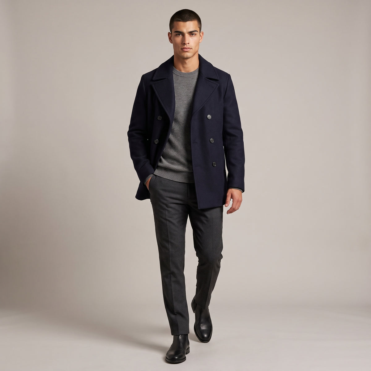 Dama Washington Rhys men's double breasted wool pea coat navy - full outfit model view