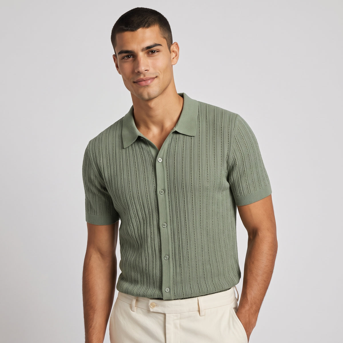 Dama Washington Sage men's ribbed knit button up shirt sage green - model front view