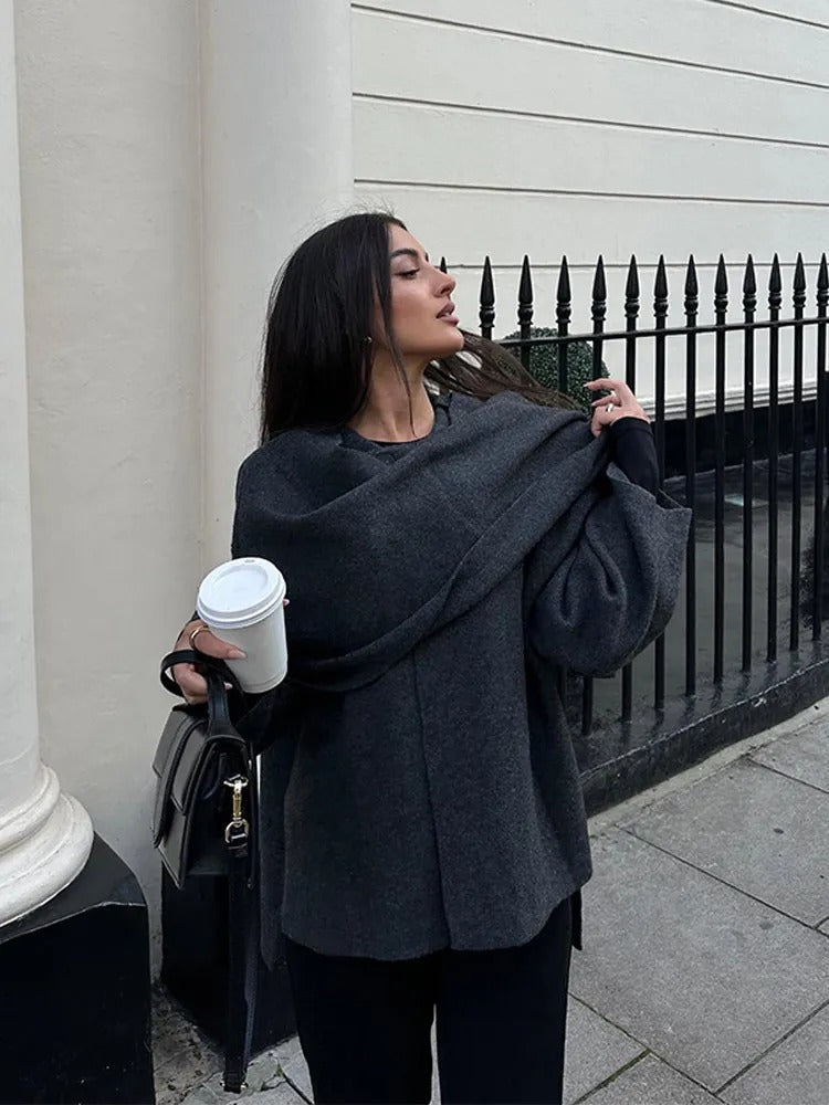 Ada | Women's Wool Cowl Neck Cape Black Long Sleeve