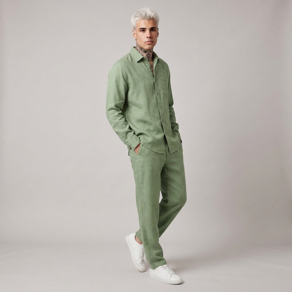 Dama Washington Rowan oversized linen set Green - full outfit model view
