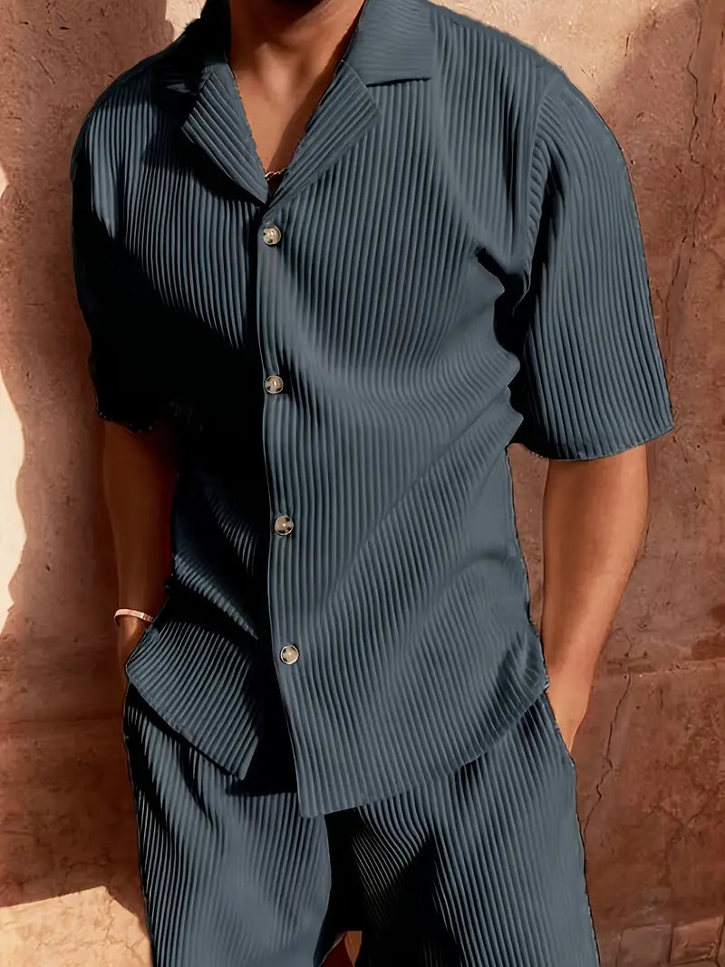 Vera | Men's Ribbed Shorts Set Cream Button Up