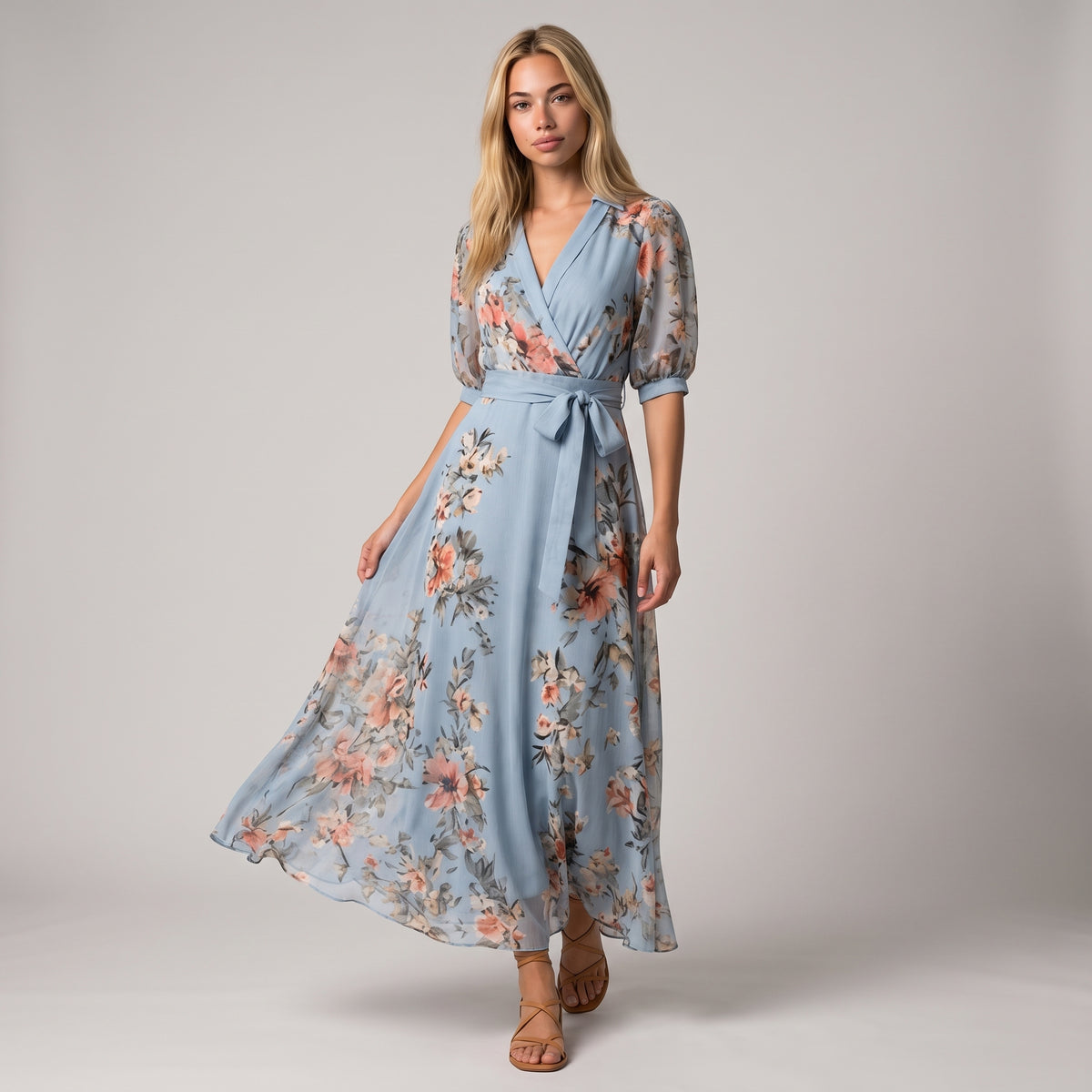 Dama Washington Lola women's floral V neck wrap maxi dress - model front view
