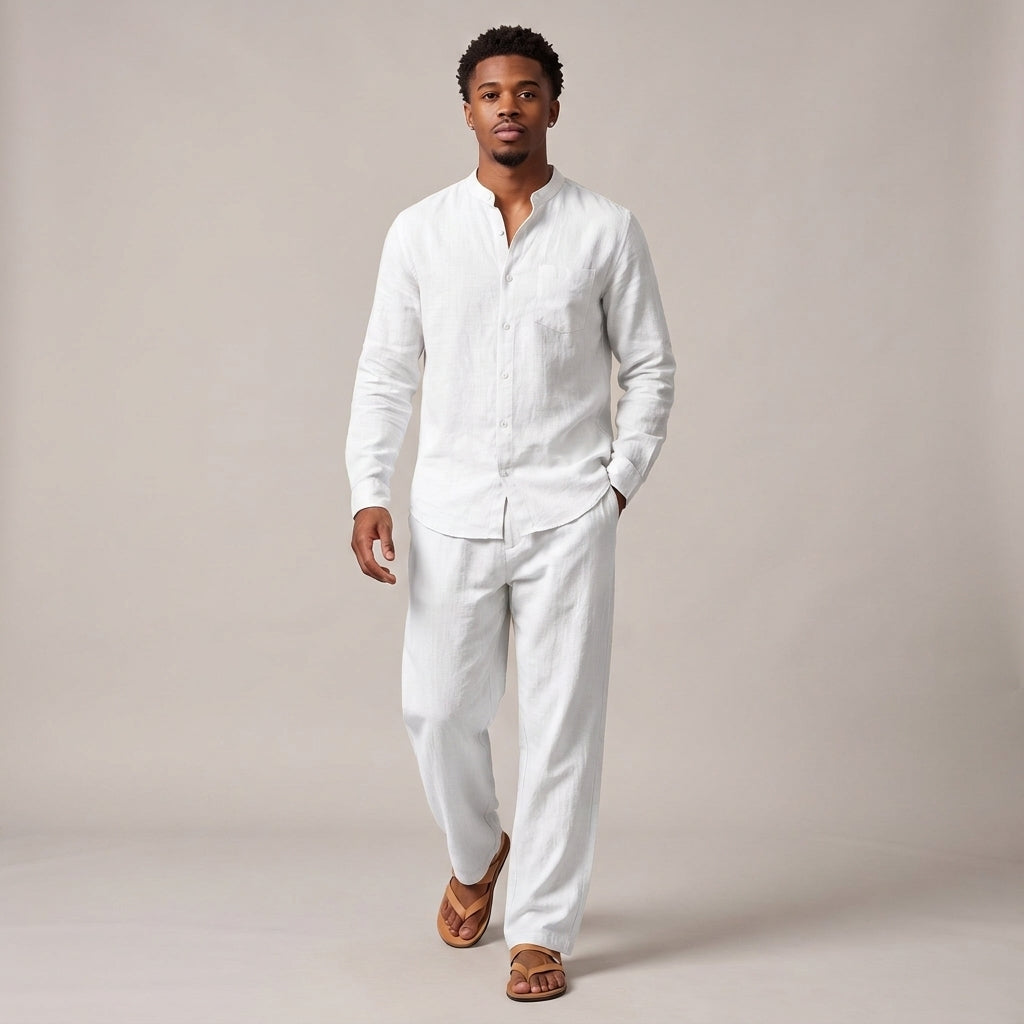 Dama Washington Sage linen lounge set White - full outfit model view