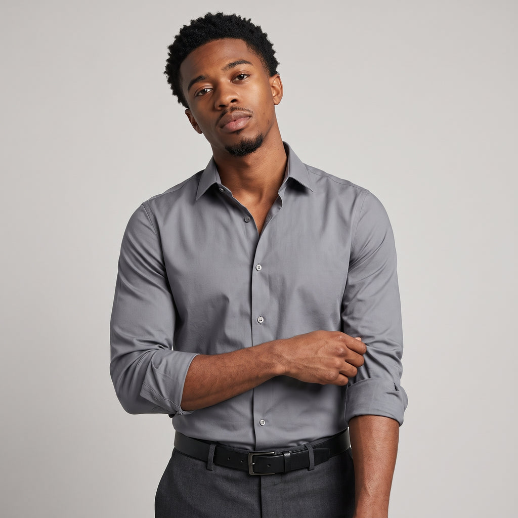 Dama Washington Blake men's slim fit button up shirt gray long sleeve - model front view