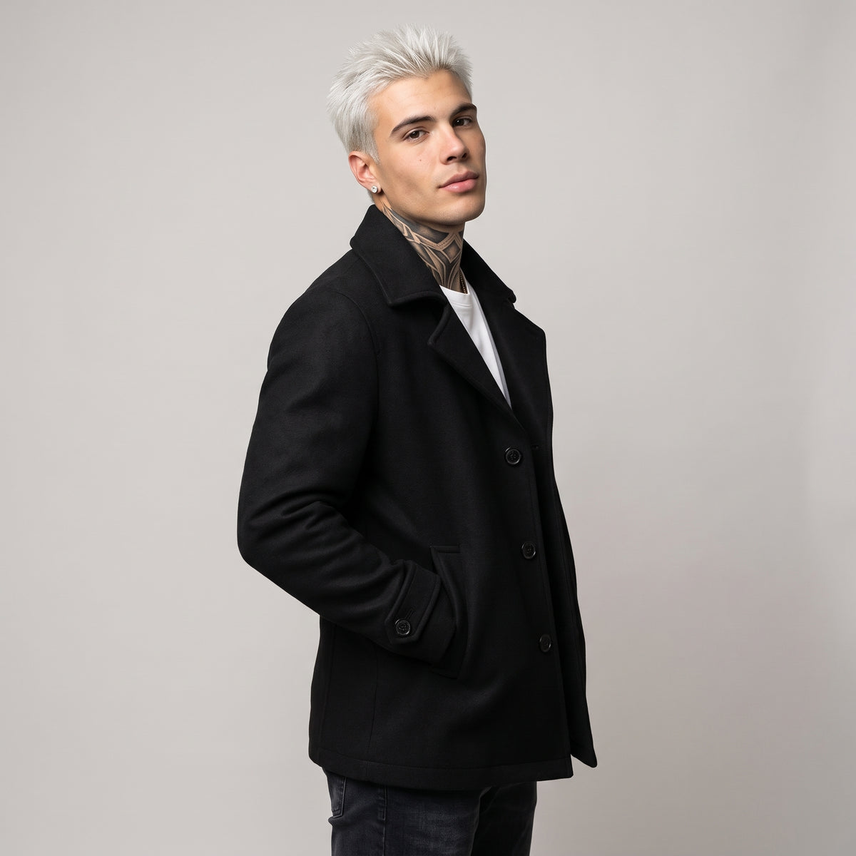Dama Washington Demi men's wool blend pea coat black - model front view