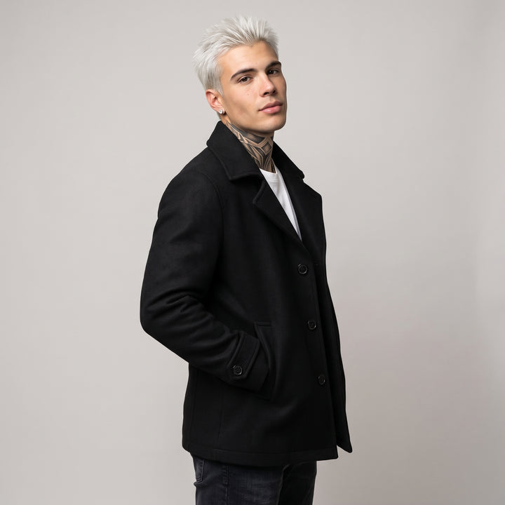 Dama Washington Demi men's wool blend pea coat black - model front view