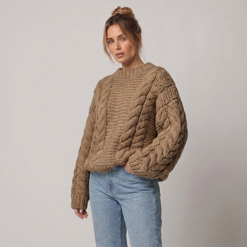 Dama Washington Sable oversized cable knit sweater Khaki - model front view